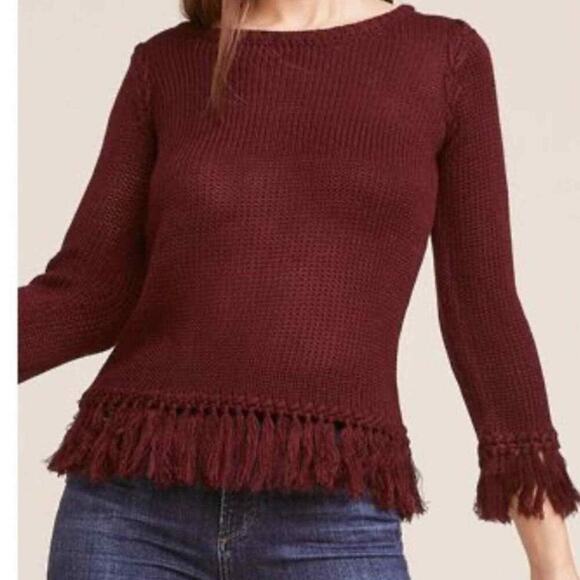 nwt BB Dakota Young Wild & Free Sweater Braid Fringe Hem Burgundy Red size XS - Picture 1 of 6